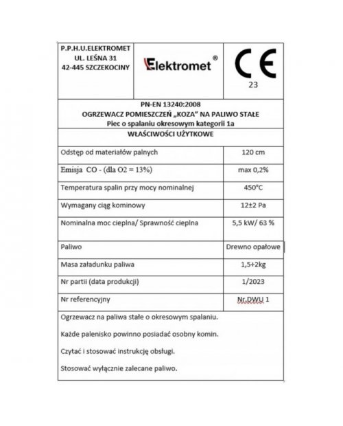 PIEC PIECYK SZAMOTOWY KOZA 9 CEGIEŁ 170 M ATEST