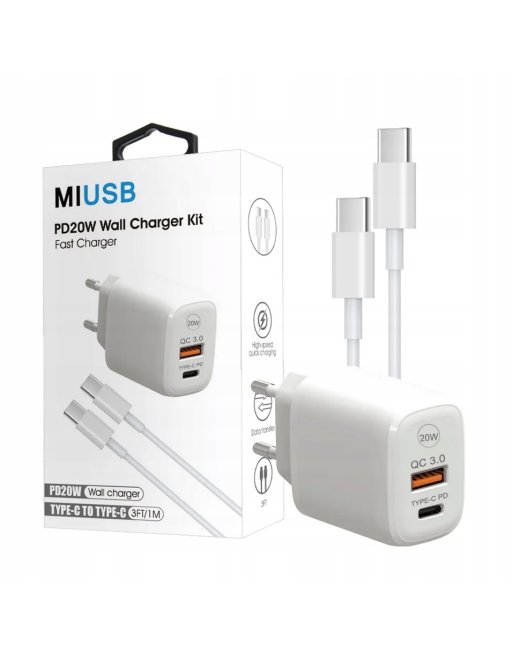 ZESTAW | SZYBKA ŁADOWARKA SIECIOWA USB TYPE-C + KABEL TYPE C | PD20W 3000mA