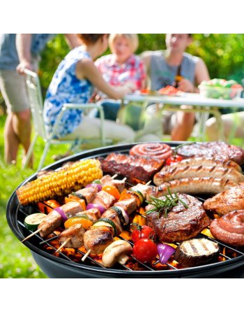 GRILL OGRODOWY WĘGLOWY OKRĄGŁY POKRYWA RUSZT KÓŁKA Z POKRYWĄ PÓŁKA