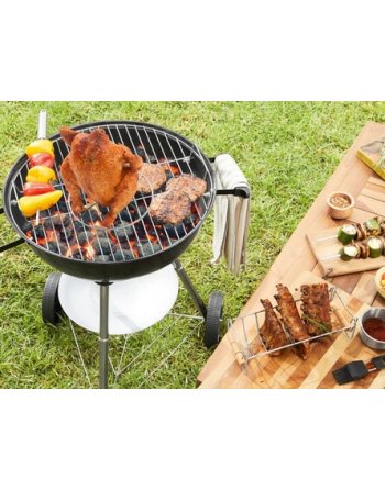 GRILL OGRODOWY WĘGLOWY OKRĄGŁY POKRYWA RUSZT KÓŁKA Z POKRYWĄ PÓŁKA