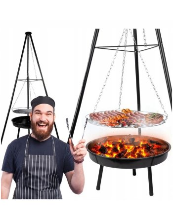 PALENISKO TRÓJNÓG GRILL OGRODOWY OGNISKOWY WISZĄCY DUŻY RUSZT CHROMOWANY 50