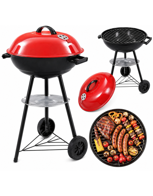 GRILL OGRODOWY WĘGLOWY OKRĄGŁY POKRYWA RUSZT KÓŁKA Z POKRYWĄ PÓŁKA