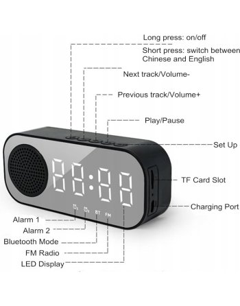 Radiobudzik LED Bluetooth 5.0 Głośnik FM USB TF Lustrzany Podwójny Budzik